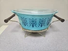 PYREX SAXONY TREE OF LIFE TURQUOISE 475 B - 2.5 QUART W/ LID AND WARMER-VINTAGE