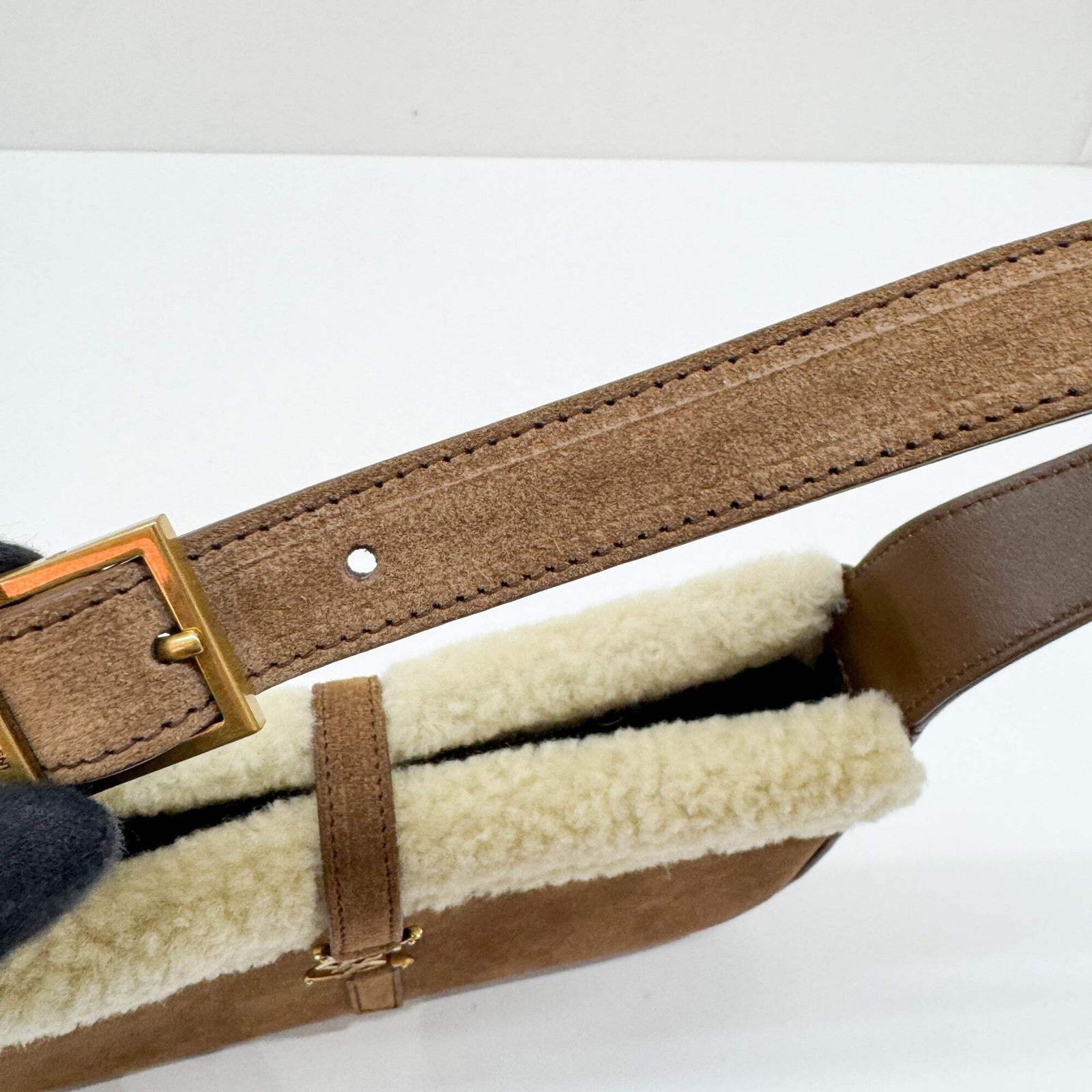 SAINT LAURENT Fur Trim Brown Suede Shoulder Bag thumbnail 9