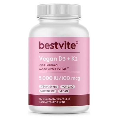 BESTVITE Vegan Vitamin D3 5000 IU + Vitamin K2 100 mcg as MK7 120 Vegetarian ...