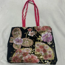 Floral embroidery Japanese bag black obi remake