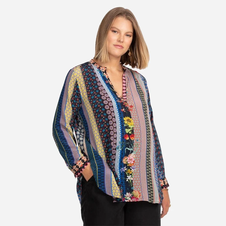 Chemisier Johnny Was manches longues patchwork bohème rayé floral 100% soie t... - Photo 2/4