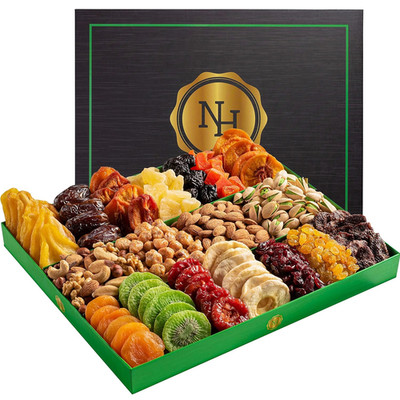 Holiday Dried Fruit & Nuts Gift Basket - Selection of 18 Food Tray - Food Gift B