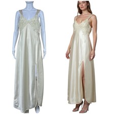 VTG Victoria's Secret Gold Label Beige Long Satin Chemise Slip Dress Petite