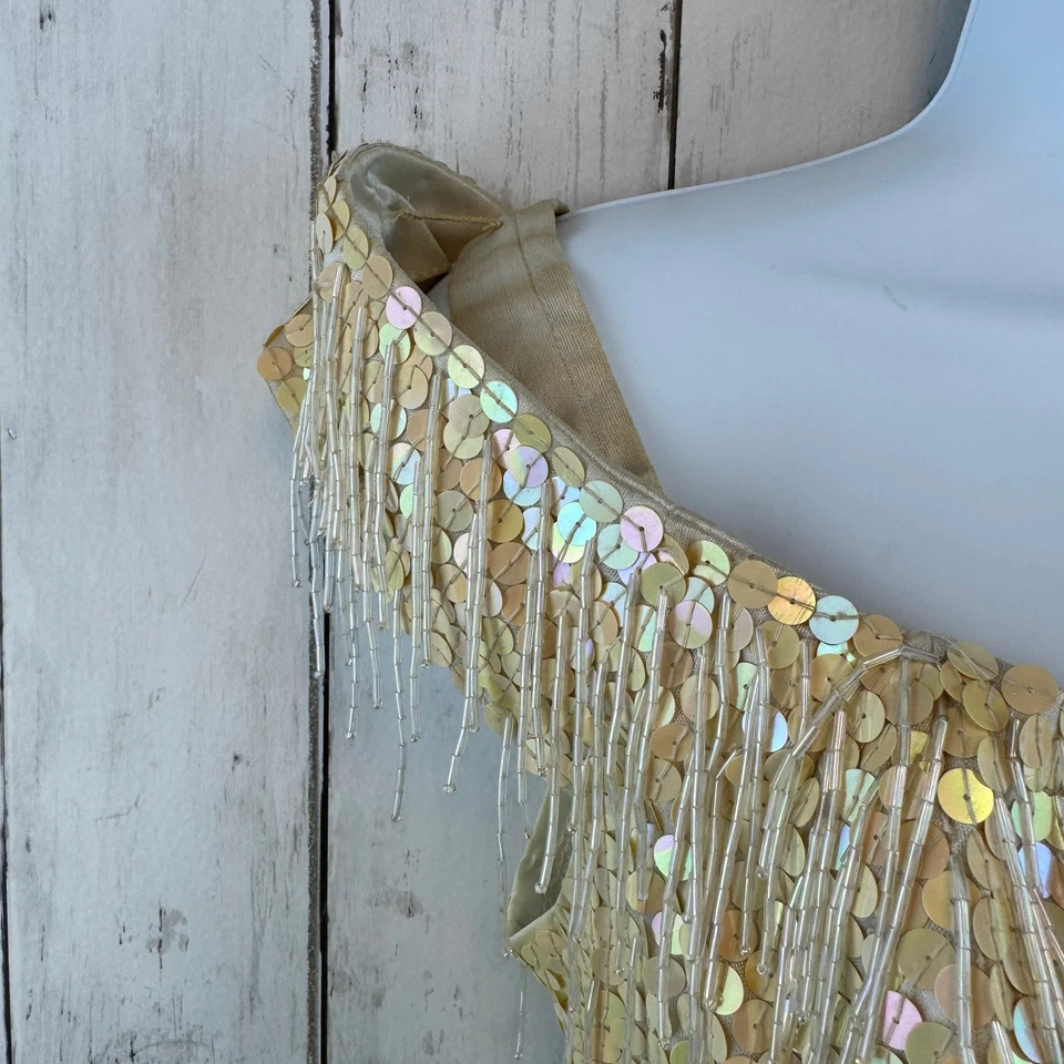 VTG Nadine Cream Iridescent Sequin Fringed Off-the-Shoulder Cocktail Dress Small - Image 3 of 4