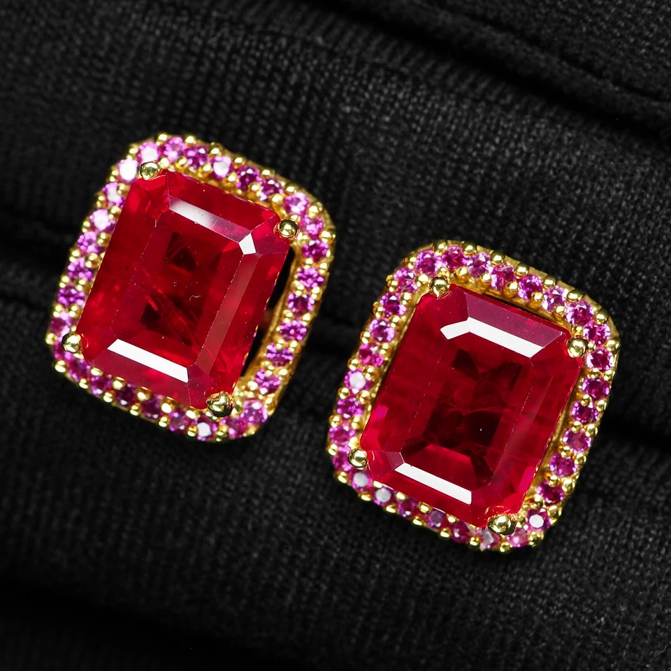 SPLENDIDI ORECCHINI BAGUETTE RUBINO ROSSO ARGENTO STERLING 925 PLACCATO ORO 24K - Immagine 3 di 4