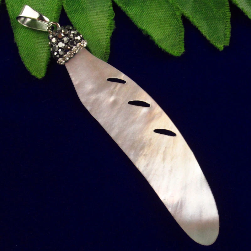 SJ99928 Pave Crystal Natural Gray Shell Feather Pendant Bead 76x16x1mm - Image 2 of 3