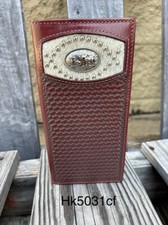Western Style Cowhide and Basketweave Leather Wallet with Praying Cowboy Concho