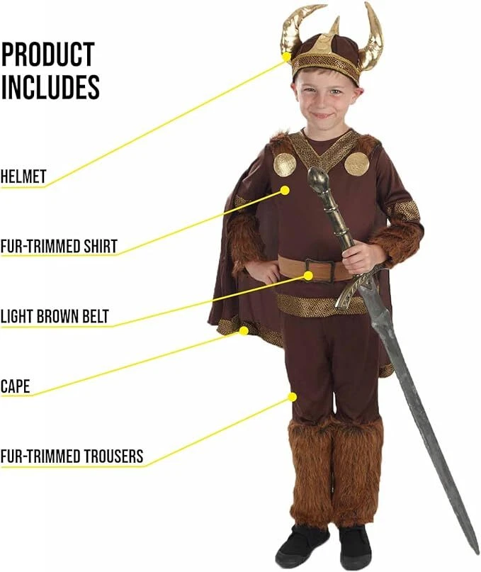 Disfraz de vikingo para niños Casco con cuernos M-XL Niños Guerrero nórdico Halloween Vestido elegante Foto 3 de 4