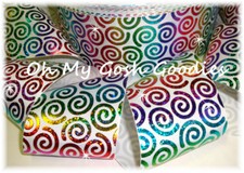 3" TWIRLY  RAINBOW SWIRLS HOLOGRAM GROSGRAIN RIBBON TICK TOCK CHEER BOW WHITE