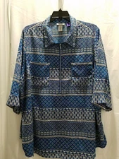 CATHERINES PETITE BLOUSE BLUE AND WHITE FLOWERS PETITE PLUS  3XWP 26/28WP #2761