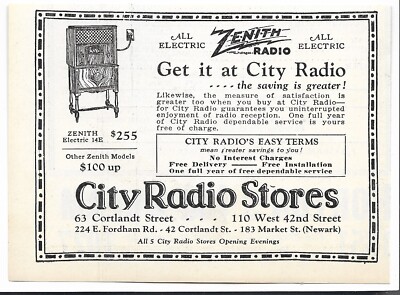 Vintage 1920's NY - City Radio Stores - Zenith All Electric 14E - 1927 Art AD