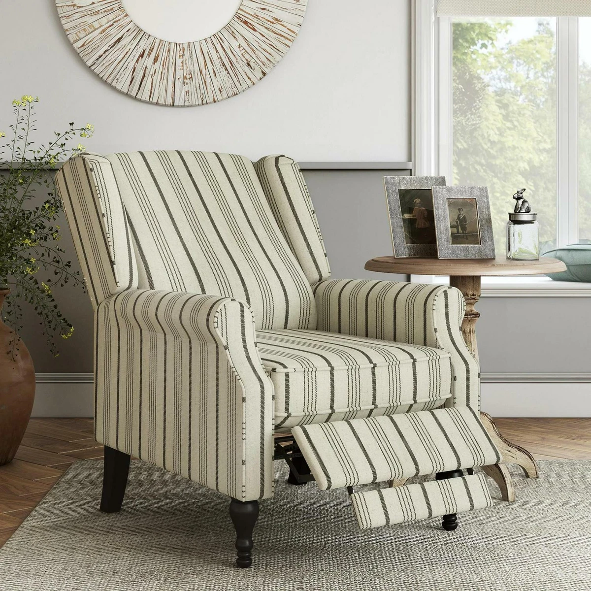 The Gray Barn Hale Linen Farmhouse Woven Stripe Wingback Push Back Recliner