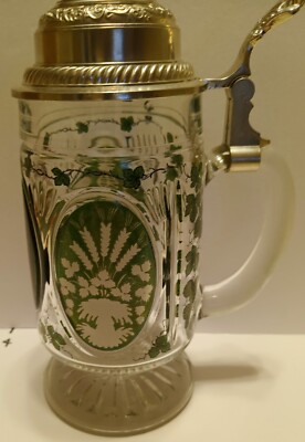Pressed Glass German Beer Stein with Lid. Purity Law on one panel.