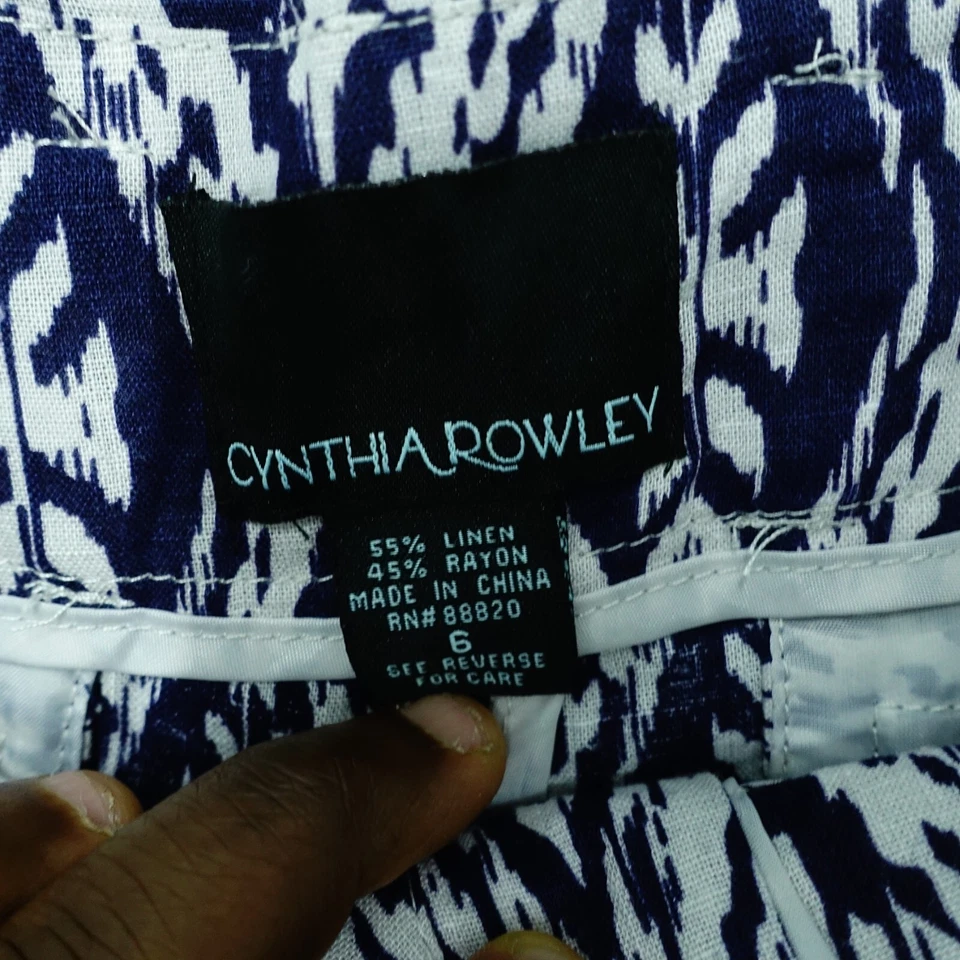 Pantalones Cortos Cynthia Rowley Mujer Talla 6 Azul Marino Tribal Geométrico Mezcla de Lino Tiro Medio Foto 2 de 4