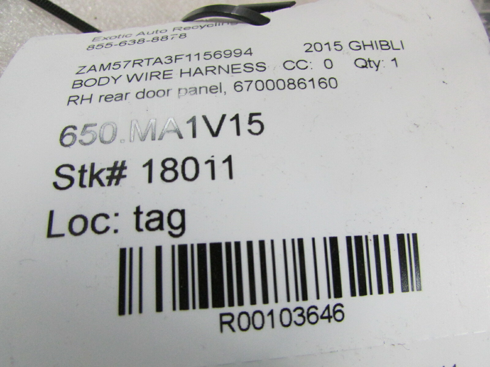 Maserati Ghibli, RH, Right Rear Door Panel Wire Harness, Used, P/N 6700086160
