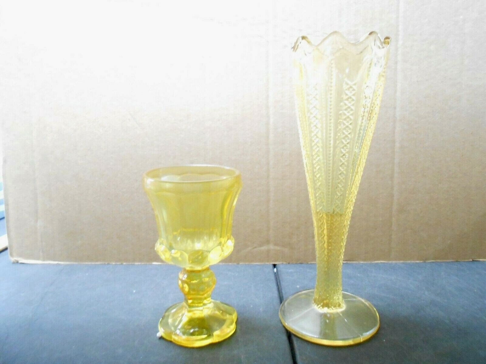 Vintage Yellow Glass Vase Zipper Design &  A Yellow Tiara Glass Compote