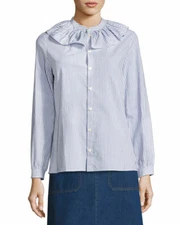 APC Blue White Striped Cotton Ruffle Collar Button Down Shirt Top Size 36