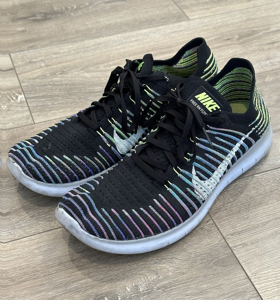 NIKE FREE RN Flyknit Men's Rainbow Striped Running Shoes 11 Black
