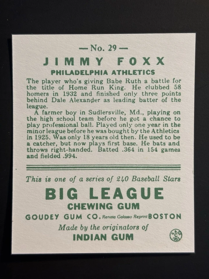Tarjeta de béisbol Jimmy Foxx Philadelphia A's Renata Galasso 1933 Goudey reimpresión #29 Foto 2 de 2