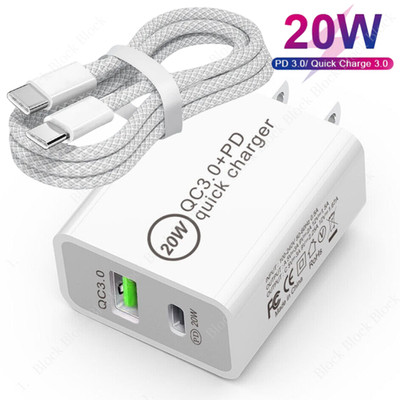 Fast Charger For iPhone 15 16 17 iPad 20W Adapter PD Braided USB C -Type C Cable