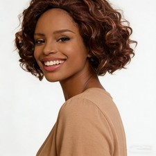 Women Brown Highlight Curly Wavy Bob Wigs Synthetic Hair None Lace for Daily