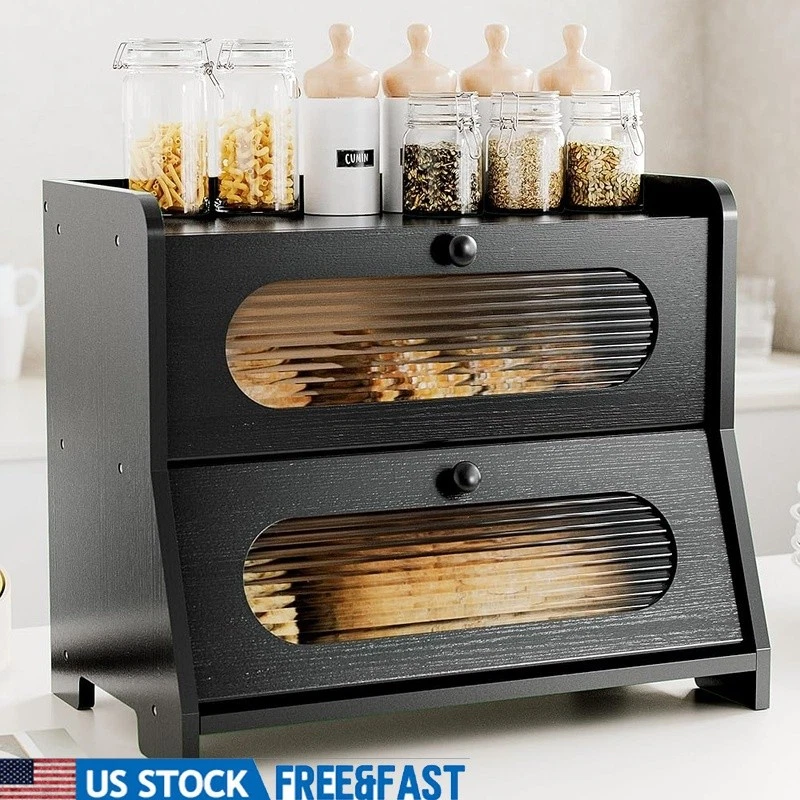 Bamboo Bread Box Large Capacity Double Layer Kitchen Storage Organizer New