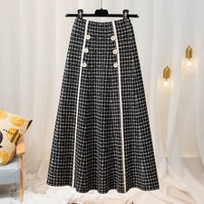 Women Check Knitted Pleated Midi Skirt Elastic High Waist A-line Grid Skirt