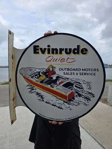 VINTAGE EVINRUDE DOUBLE-SIDED FLANGE PORCELAIN GAS SIGN 17" X 17"*