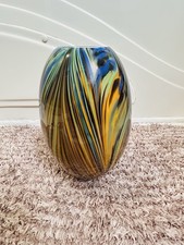 Murano Style Art Glass Vase Hand-Blown Swirled Orange, Green, Blue  Black 12  