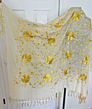 VTG Antique Chinese Hand Embroidery Yellow "Gold" Floral Birds Piano Shawl 55"