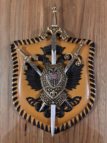 VTG Medieval Wall Plaque Shield Coat of Arms 3 Swords Spanish Wood Metal Crest