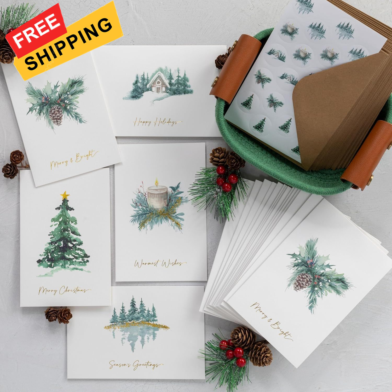 ZICOTO Beautiful Christmas Cards Set of 20 with 4x6 inches, watercolor 