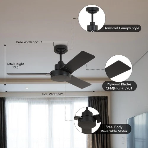 Monte Carlo Jovie 52" 3 Blade Ceiling Fan, Modern Style, Midnight Black - Picture 3 of 7