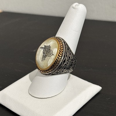 .925 Sterling Silver Ottoman Tughra Men's Ring Mother Of Pearl Size 9
