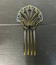 Antique Large Hair Comb Art Deco Gold Sparkly Celluloid with Blue crystals