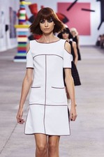 RUNWAY $4,350 Pre-loved 2014 Chanel™ Light Grey Trim Cold Shoulder Shift Dress