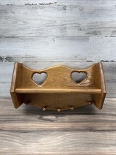 Vintage Handmade Solid Oak Wood Wall Shelf With Heart Cutout And 5 Pegs Country
