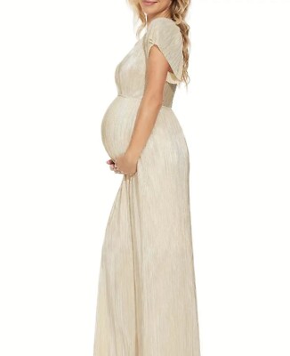 Champagne Maternity Greek Maxi LONG V NECK FLUTTER SLEEVE METALLIC DRESS  GOWN XL | eBay