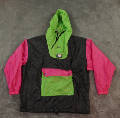 Vintage K-Way Jacket Mens 48 Black Pink Anorak Windbreaker 1/4 Zip Hooded Nylon