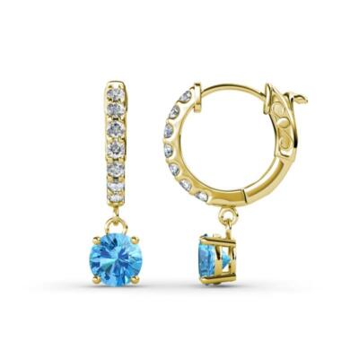Round Blue Topaz Diamond 1 1/4 ctw Womens Dangle Hoop Earrings 14K