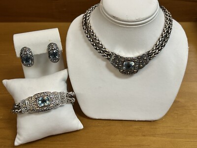BJC 18K Sterling Samuel Benham Halskette Armband & Ohrring Set Aquamarin