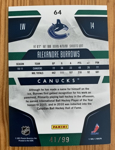 2011-12 Certified Mirror Blue 41/99 Alexandre Burrows #64 - Picture 2 of 2