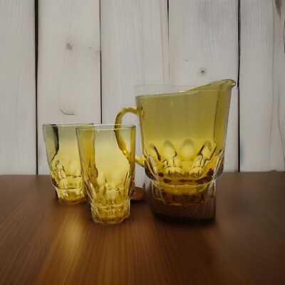 Hazel Atlas Glass Continental Can Amber Thumbprint Reflection Pitcher & 2 Glass