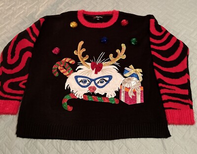 33 Degrees Christmas Sweater Women XL Black Red White Cat