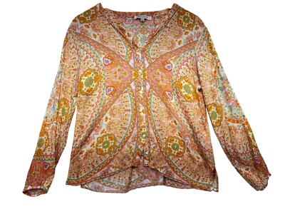 Rose+Olive Womens Button Front Blouse Medium Orange Boho Floral Casual