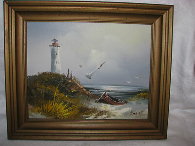 Framed Seascape/Beach Scene/Lighthouse Oil Painting Signed ''ENGEL'' 10-1/2'' x 12