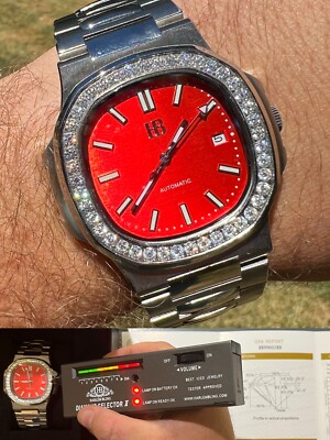 Mens Real Stainless Steel Iced 2ct Moissanite Watch Pass Diamond Test Red Face
