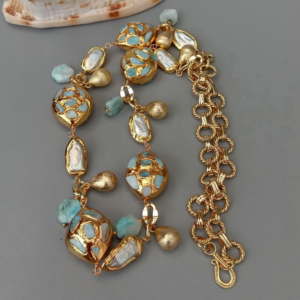 Collar Largo Cadena Chapado en Oro Larimar Azul Perla Biwa Blanco Cultivado 30" Foto 4 de 4