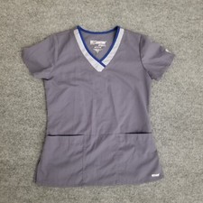 Grey's Anatomy Active Women Scrub Top S Gray Blue Front Pockets V-Neck Short Slv