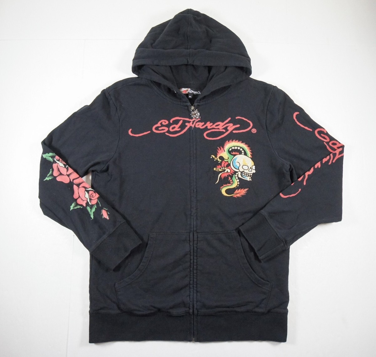 Ed Hardy Sweatshirt Womens 2XL XXL Black Hoodie Full Zip Grunge